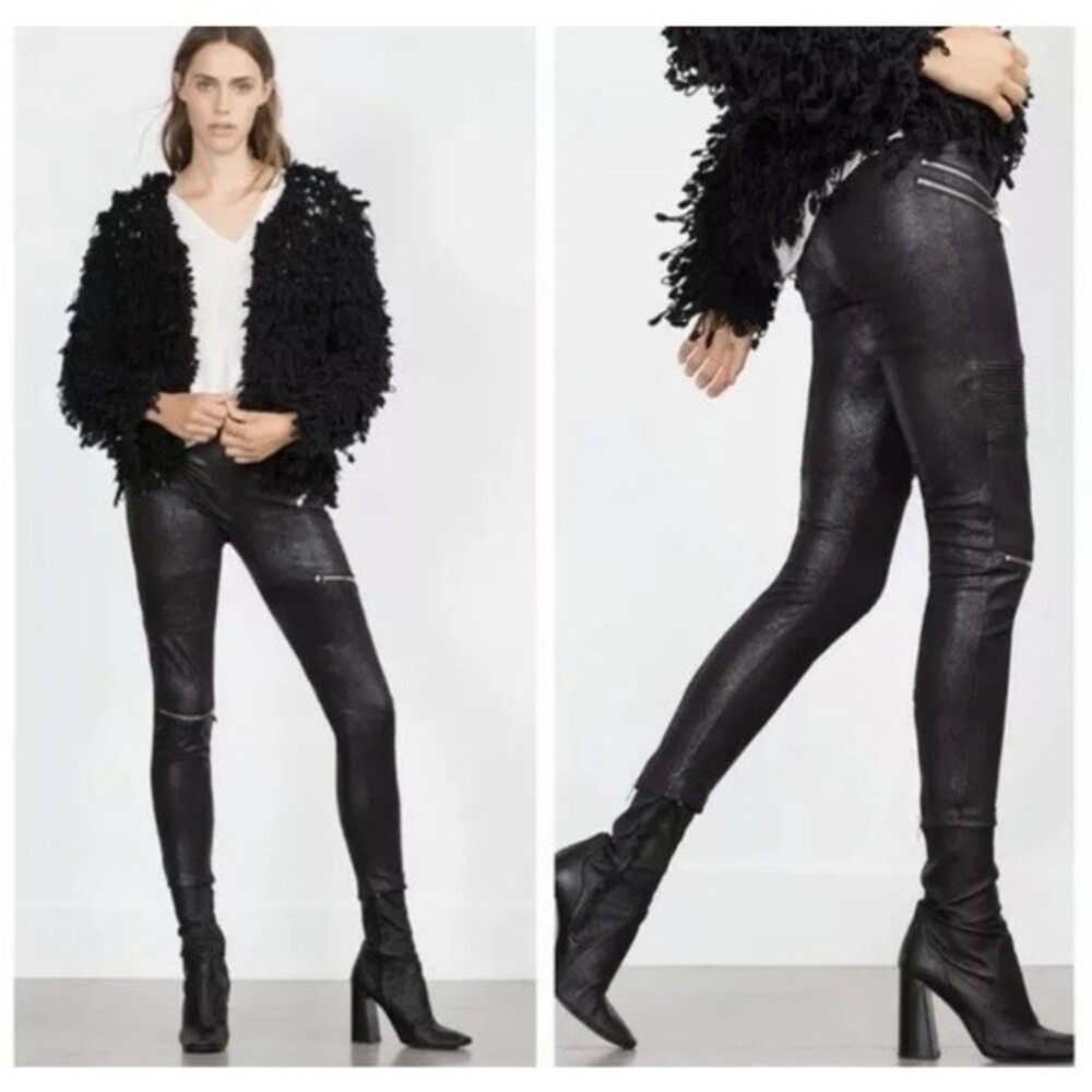 Zara Black Celebrity Faux Suede‎ Biker Moto Zip Skinny Jeans S